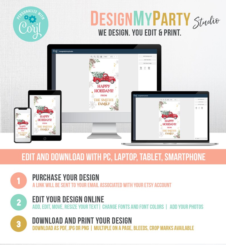 Puede incluir: Plantilla de dise&ntilde;o digital mostrada en varios dispositivos, incluyendo ordenador, tableta y smartphone. El dise&ntilde;o presenta un cami&oacute;n rojo con un &aacute;rbol de Navidad y el texto "Happy Holidays!" y "The Smiths Family." El dise&ntilde;o es para una fiesta.
