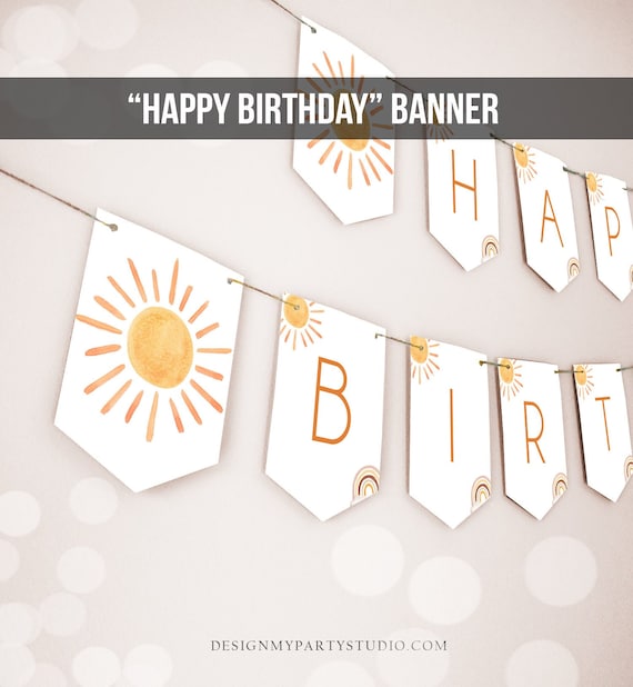 Sun Happy Birthday Banner First Trip Around the Sun Bunting Sunshine Banner Sunshine Birthday Decor Neutral Garland PRINTABLE Digital 0431 Il_570xn