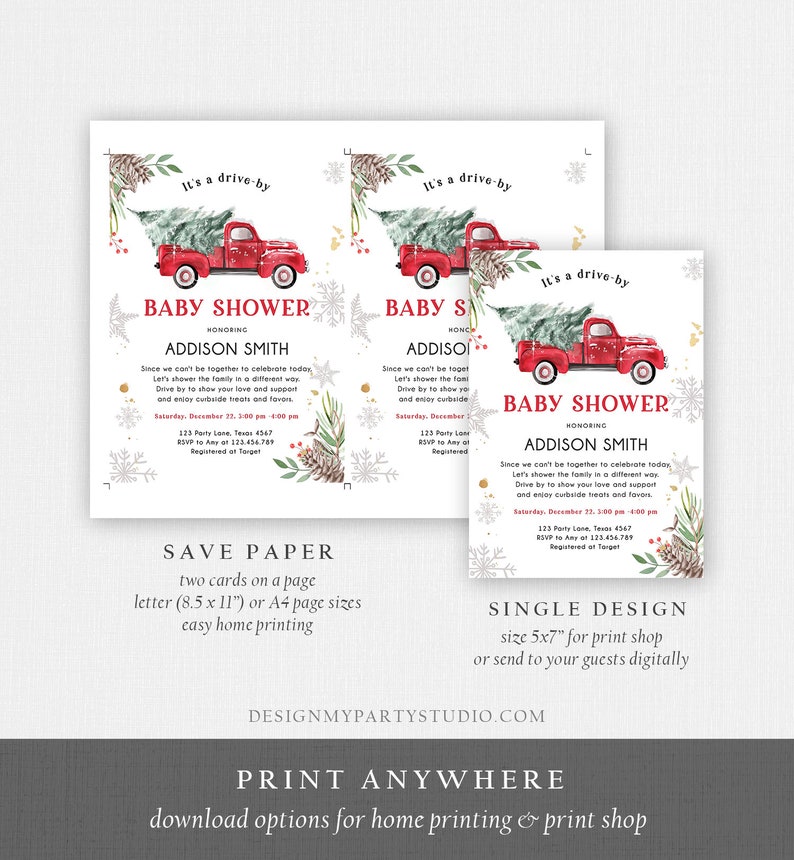 Editable Winter Drive by Baby Shower Invitation Red Truck Baby Etsy