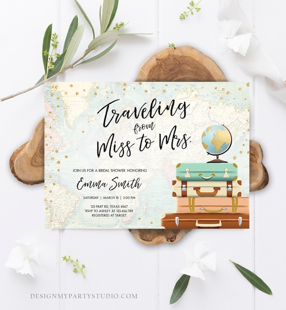 Editable Bridal Shower Invitation Traveling from Miss to Mrs Travel World Map Suitcase Vintage Floral Download Printable Template Corjl 0263 Il_570xn