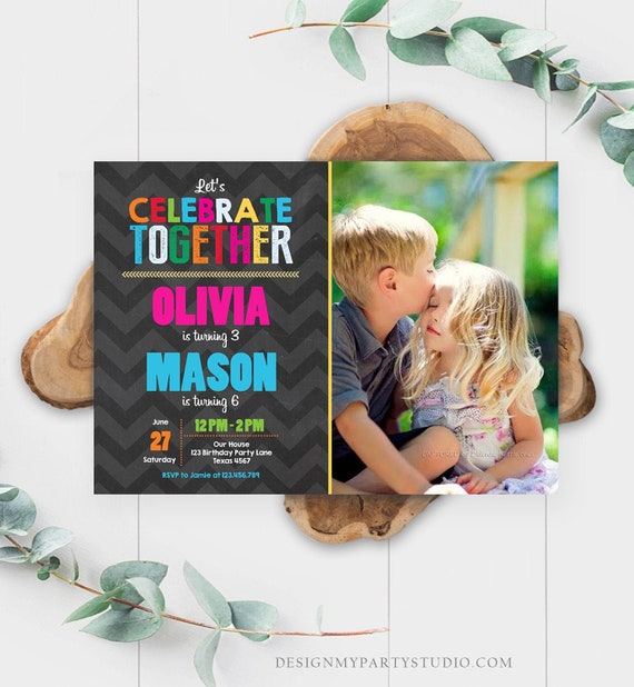 Editable Brother and Sister Birthday Invitation Twins Birthday Party Joint Birthday Party Rainbow Printable Invite Template Photo Corjl 0087 Il_570xn