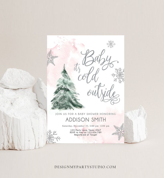 Editable Baby Its Cold Outside Baby Shower Invitation Winter Baby Shower Girl Blush Pink Snow Watercolor Tree Template Download Corjl 0363 Il_570xn