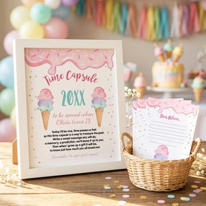 Pastel pink ice cream time capsule sign with colorful sprinkles and matching guest cards for a girl's first birthday party, featuring playful scoop illustrations and editable text areas