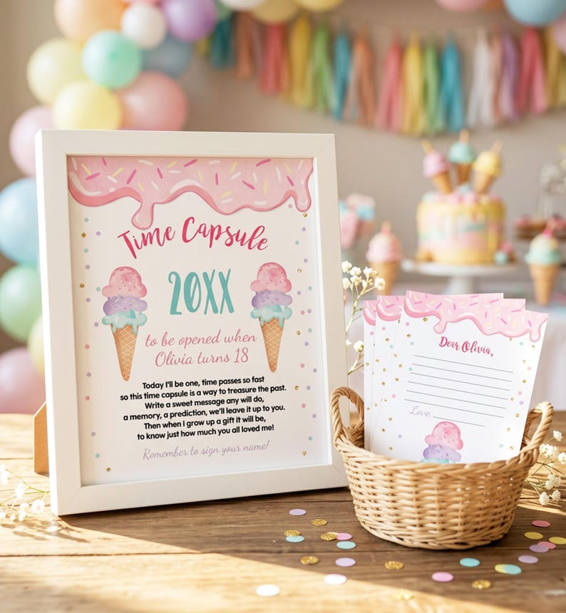 Pastel pink ice cream time capsule sign with colorful sprinkles and matching guest cards for a girl's first birthday party, featuring playful scoop illustrations and editable text areas