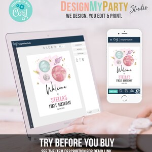 May include: A digital mockup of a printable welcome sign for a first birthday party. The sign features a pink and blue watercolor galaxy design with stars and planets. The text on the sign reads "Welcome to Stella's First Birthday 04.04.20XX".