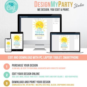 May include: A digital design advertisement featuring a cheerful yellow sun illustration with the text "Our Little Sunshine." The design is displayed on a smartphone, tablet, computer, and laptop. The text "DesignMyParty Studio" is at the top.