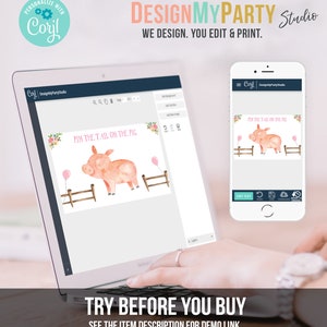 May include: A computer screen displaying a pink pig with the text "Pin the Tail on the Pig". The screen is on a laptop computer. A hand is on the keyboard. The image is a mockup of a printable party game.