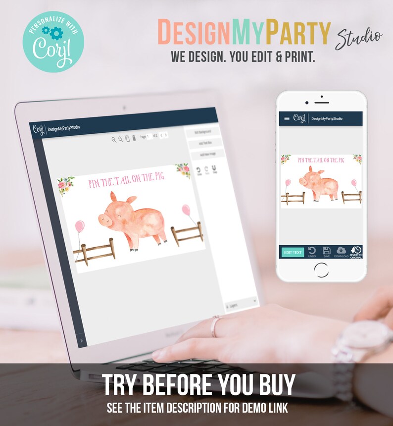 May include: A computer screen displaying a pink pig with the text "Pin the Tail on the Pig". The screen is on a laptop computer. A hand is on the keyboard. The image is a mockup of a printable party game.
