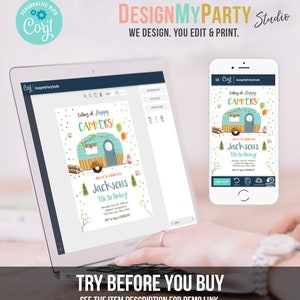 May include: A computer screen displaying a customizable invitation template for a camping-themed birthday party. The invitation features a cartoon camper van with the text "Calling all Happy Campers!" and "Jackson's 9th Birthday!"