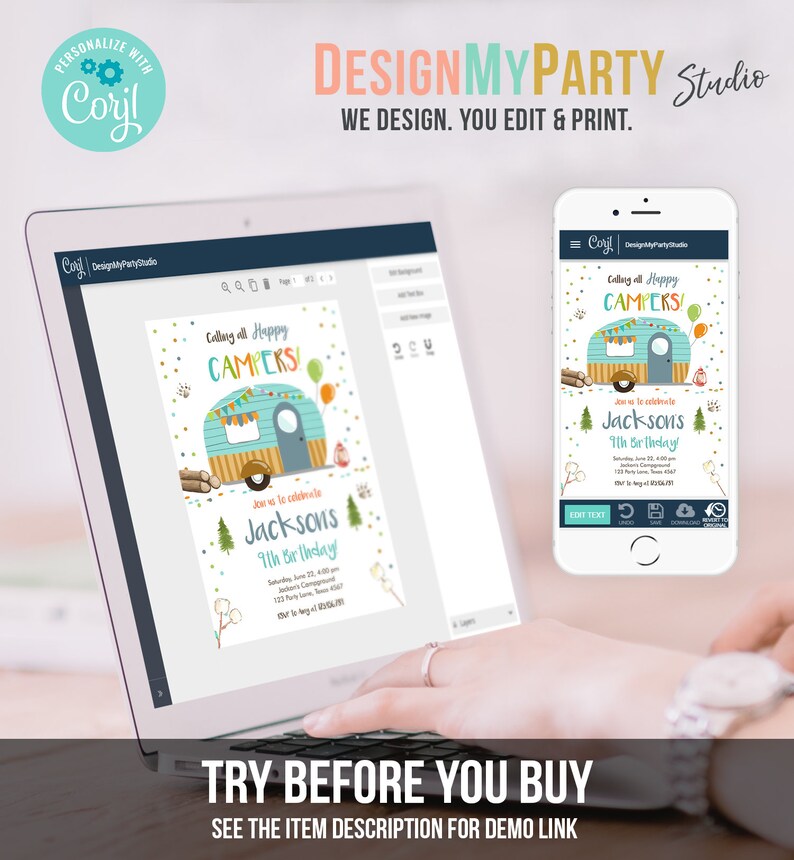 May include: A computer screen displaying a customizable invitation template for a camping-themed birthday party. The invitation features a cartoon camper van with the text "Calling all Happy Campers!" and "Jackson's 9th Birthday!"