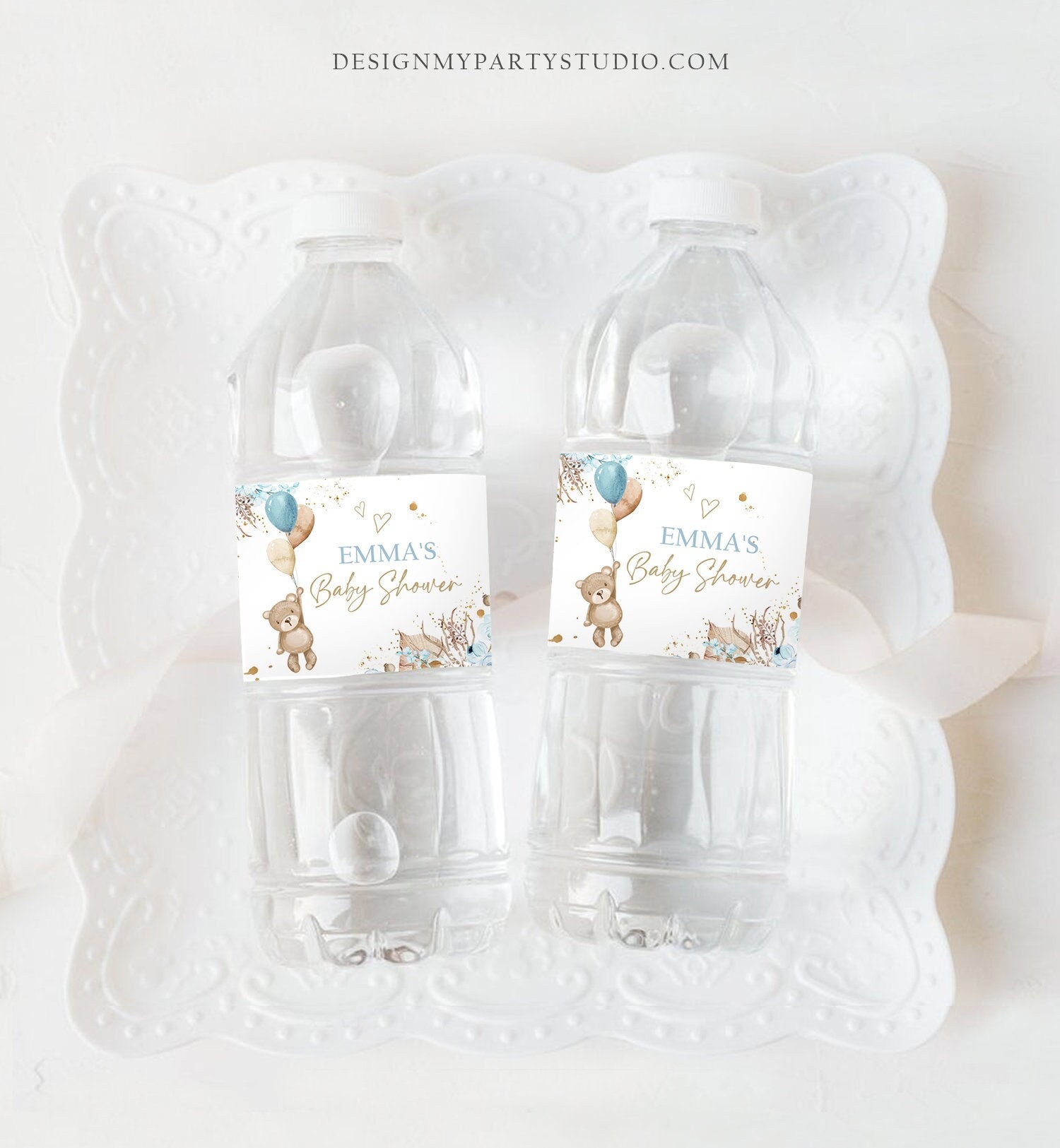 Editable Boho Teddy Bear Water Bottle Labels Bearly Wait Baby Shower Bear Party Decor Boy Blue Labels Tags Printable Template