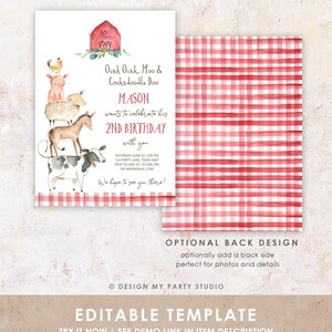 May include: A birthday invitation template featuring a watercolor red barn and a stack of farm animals including a chicken, pig, sheep, donkey, and cow. The text reads Oink Oink, Moo & Cockadoodle Doo, Mason 2nd Birthday. Includes a red gingham pattern.