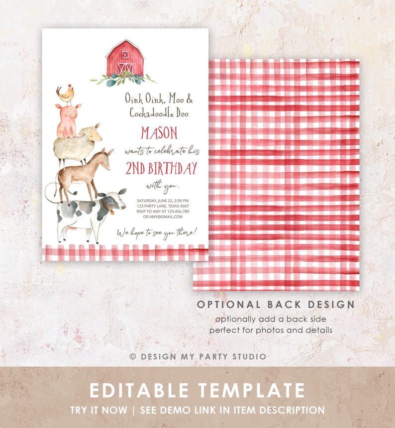 May include: A birthday invitation template featuring a watercolor red barn and a stack of farm animals including a chicken, pig, sheep, donkey, and cow. The text reads Oink Oink, Moo & Cockadoodle Doo, Mason 2nd Birthday. Includes a red gingham pattern.
