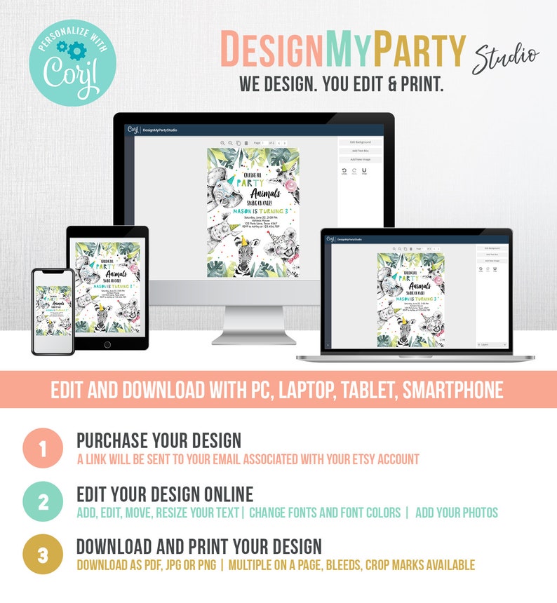 May include: A digital mockup of a printable invitation for a children's birthday party. The invitation features a jungle animal theme with a green, blue, and yellow color scheme. The text on the invitation reads "Celebrate Party Animals Mason is turning 3".