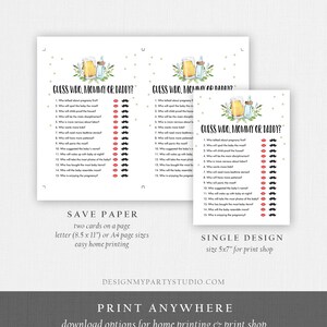May include: Two printable game cards for a baby shower. The cards are white with green and gold accents. The cards have the text "Guess Who, Mommy or Daddy?" and a list of 15 questions about the parents-to-be. The cards are designed to be printed on letter or A4 size paper.