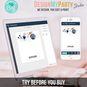 May include: A laptop computer screen displaying a website with a design template for a newborn announcement. The template features a cartoon astronaut, planets, and stars. The text "NEWBORN" is displayed on the template. The website is called "DesignMyPartyStudio".
