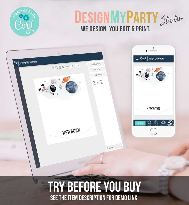 May include: A laptop computer screen displaying a website with a design template for a newborn announcement. The template features a cartoon astronaut, planets, and stars. The text "NEWBORN" is displayed on the template. The website is called "DesignMyPartyStudio".