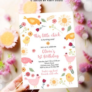 Editable Little Chick Birthday Invitation Girl Spring Birthday Party Farm Barnyard Chicken Easter Digital Download Template Printable 0446