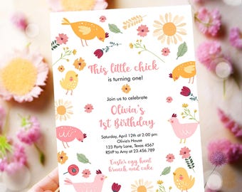 Editable Little Chick Birthday Invitation Girl Spring Birthday Party Farm Barnyard Chicken Easter Digital Download Template Printable 0446
