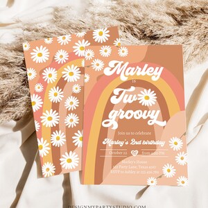 May include: Two invitations with a retro design for a second birthday party. The invitations feature a rainbow, daisies, and the words "Marley is Two Groovy." The invitation includes the date, time, and RSVP information.