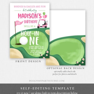 May include: A golf-themed birthday invitation with a front and back design. The front features a golf course illustration with a golf ball, flag, and text that reads "Madison's 1st Birthday." The back design is a green golf course.