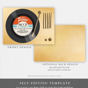 May include: Editable invitation template for a 50th birthday party with a retro record player design. The front of the invitation features a black vinyl record with a red and blue label that says "Let's Party! Jacob is turning 50". The back of the invitation is blank and can be used for photos or details.