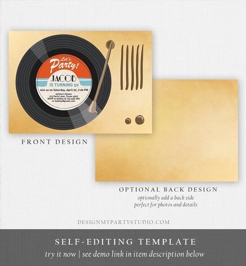 May include: Editable invitation template for a 50th birthday party with a retro record player design. The front of the invitation features a black vinyl record with a red and blue label that says "Let's Party! Jacob is turning 50". The back of the invitation is blank and can be used for photos or details.
