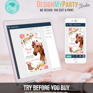 May include: A digital design template for a thank you card featuring a brown horse with a pink flower crown and a pink and white floral border. The text on the card reads "Thank you for riding on by to my party! Love, Sophia".