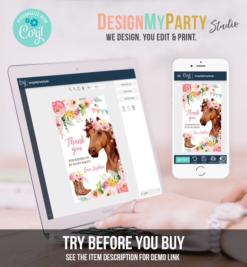 May include: A digital design template for a thank you card featuring a brown horse with a pink flower crown and a pink and white floral border. The text on the card reads "Thank you for riding on by to my party! Love, Sophia".