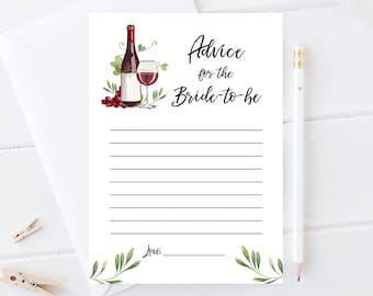 Editable Advice for the Bride-to-be Card Words of Wisdom Wine Grapes Vineyard Shower Game Wine Bottle Glass Corjl Template Printable 0234