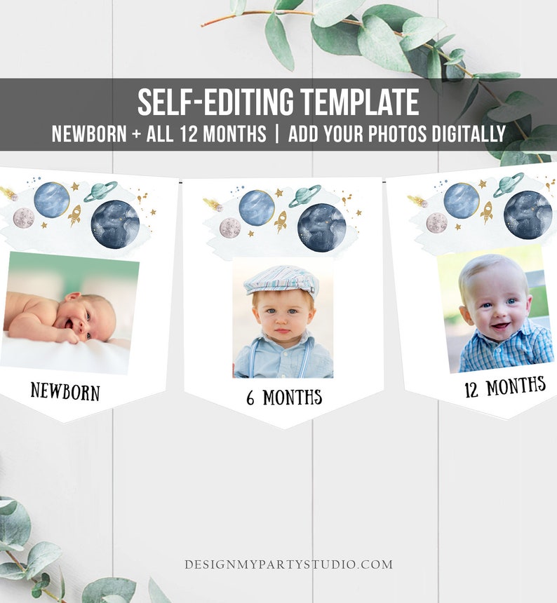 May include: A printable self-editing template for a baby's first year photo banner. The banner features a blue, green, and gold space theme with planets, stars, and a rocket. The template includes 12 photo spaces for each month of the baby's first year, plus a space for a newborn photo.