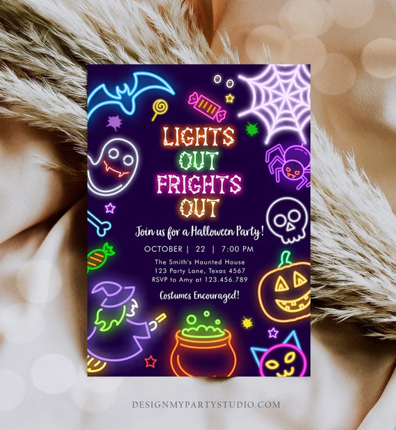 Editable Neon Halloween Party Invitation Costumes And Cocktails Adult Spooktacular Glow in The Dark Digital Template Printable 0474 0009