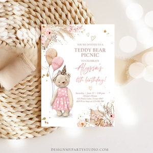 May include: A pink and brown teddy bear wearing a pink dress and a party hat holds balloons. The invitation reads "You're invited to a Teddy Bear Picnic to celebrate Alyssa's 6th birthday!" with details for the party.