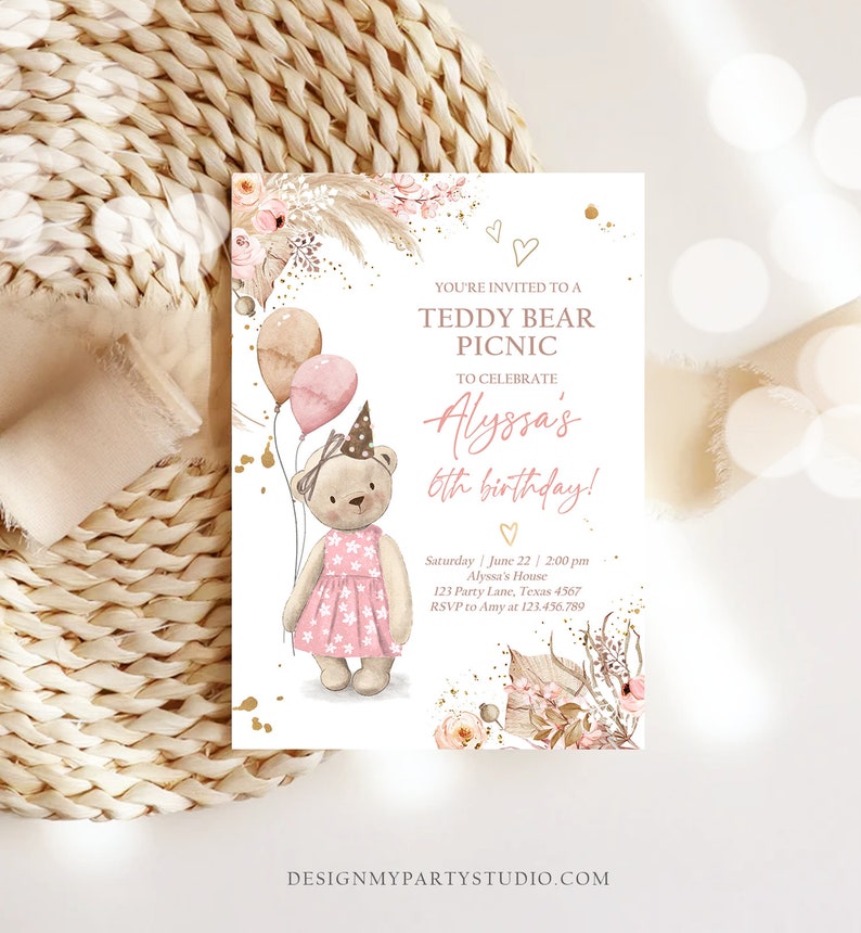 May include: A pink and brown teddy bear wearing a pink dress and a party hat holds balloons. The invitation reads "You're invited to a Teddy Bear Picnic to celebrate Alyssa's 6th birthday!" with details for the party.