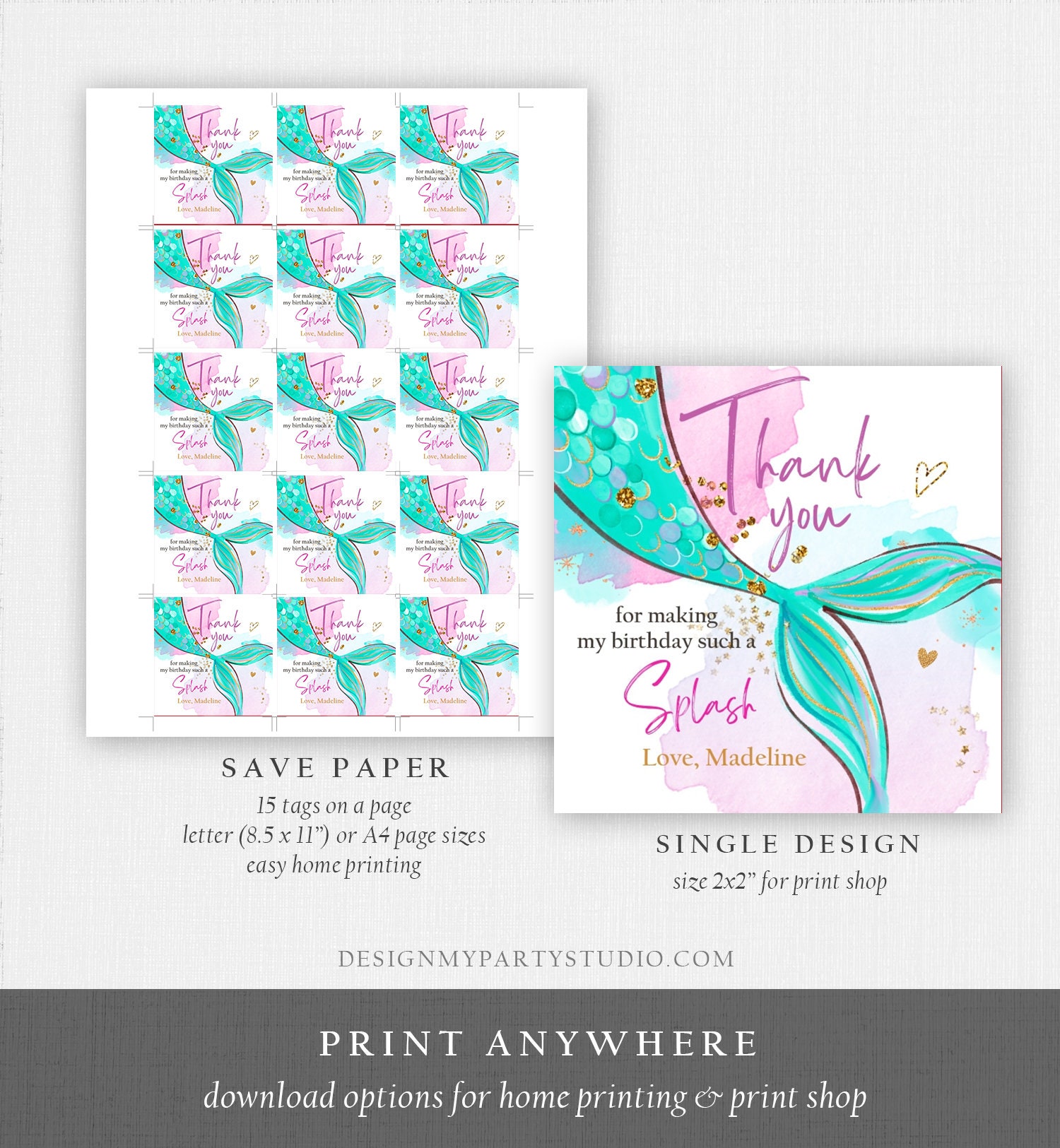 Editable Mermaid Birthday Favor Tags Under the Sea Thank You - Etsy