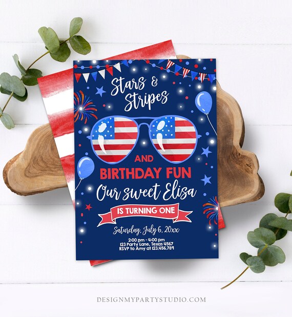 Editable Memorial Day Birthday Invitation 4th of July Little Firecracker Stars and Stripes Red White Blue Template Corjl Digital 0122 Il_570xn