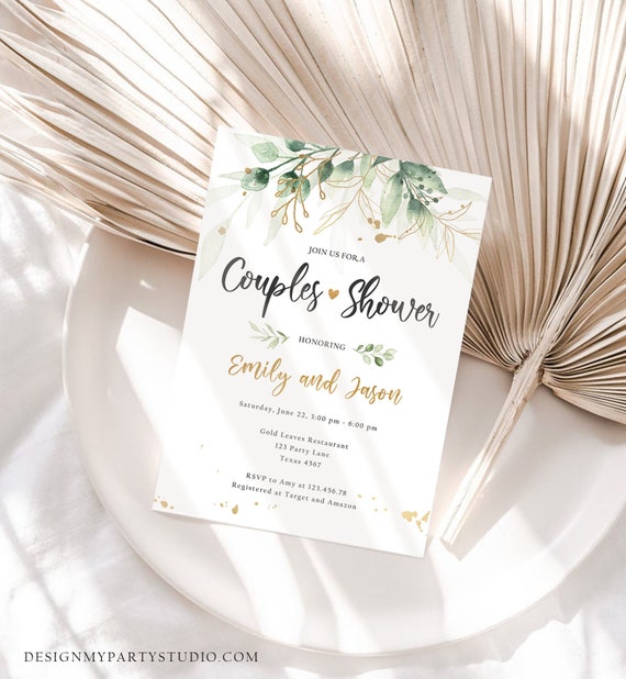 Editable Gold Leaves Couples Shower Invitation Gold Leaves Floral Greenery Bridal Coed Wedding Shower Download Corjl Template Printable 0168 Il_570xn
