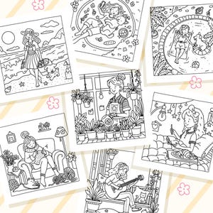 May include: A collection of black and white illustrations depicting various scenes of women engaged in leisure activities. The images include a woman at the beach, relaxing in a pool, gardening, knitting, playing guitar, and reading. The artist's name, "ANIET ILLUSTRATION," is at the bottom.