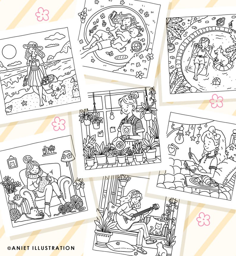 May include: A collection of black and white illustrations depicting various scenes of women engaged in leisure activities. The images include a woman at the beach, relaxing in a pool, gardening, knitting, playing guitar, and reading. The artist's name, "ANIET ILLUSTRATION," is at the bottom.