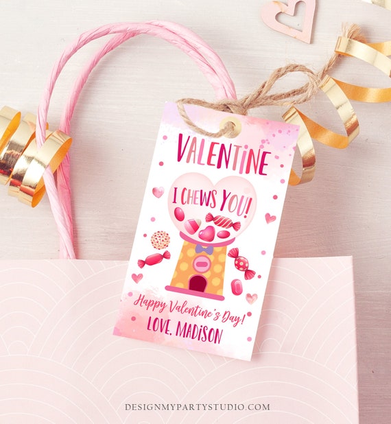 Editable Valentine Bubble Gum Favor Tag Thank You I Chews You Candy Sweet Valentine's Day School Digital Corjl Template Printable 0370 Il_570xn