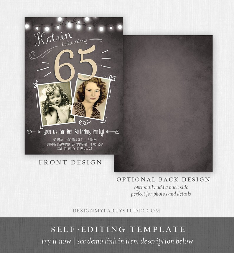 Editable 65th Birthday Invitation ANY AGE Chalkboard Rustic Adult Sixty Fifth Photo Vintage Sapphire Jubilee Anniversary Corjl Template 0230 image 5