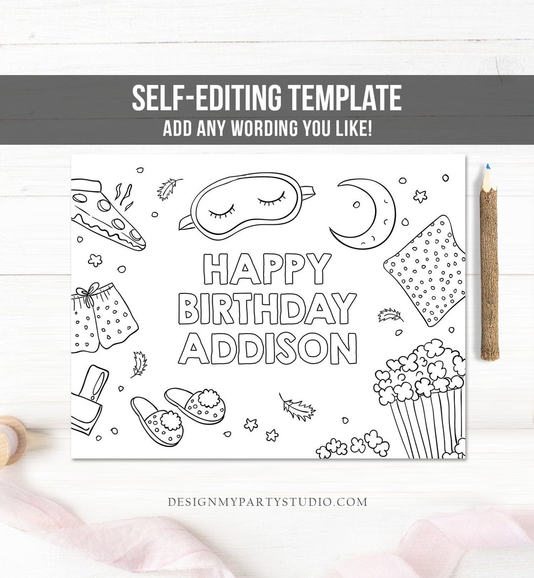 Editable Coloring Page Sleepover Birthday Party Activity Game Slumber ...