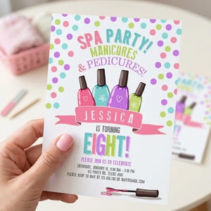 Redigerbar spa-födelsedagsinbjudan, manikyr, pedikyr, nagelsalongsfest, rosa lila flicka, direktnedladdning, utskrivbar Corjl-mall, digital 0210 bild 7
