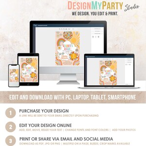 May include: A digital design template for a groovy baby shower invitation. The design features a retro 70s theme with a disco ball, rainbows, and sunflowers. The text on the invitation reads "Groovy Baby" and "Party Details".