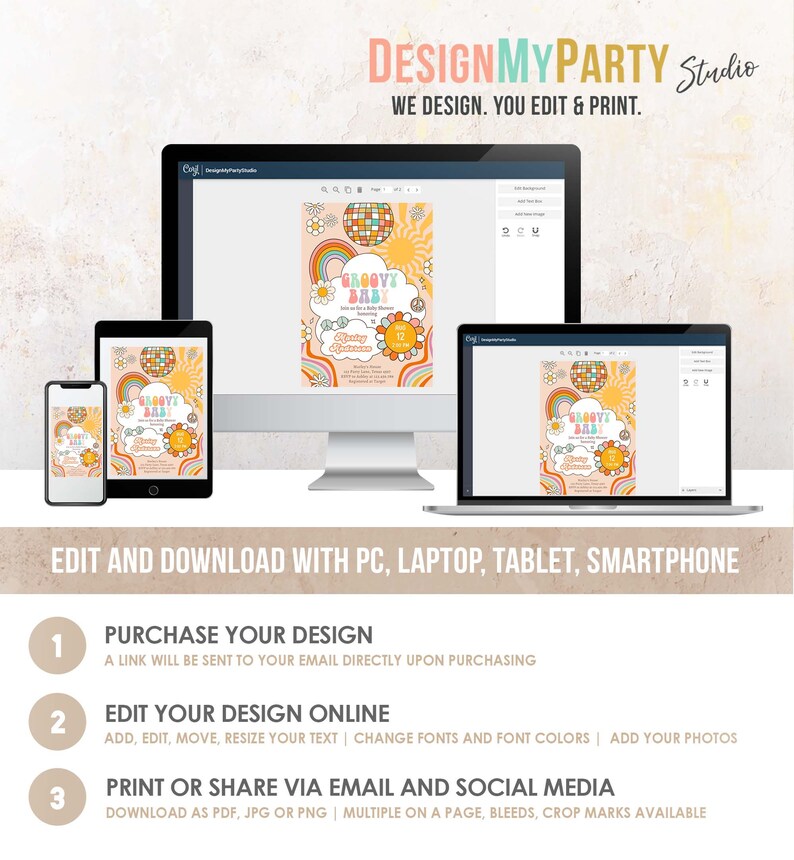 May include: A digital design template for a groovy baby shower invitation. The design features a retro 70s theme with a disco ball, rainbows, and sunflowers. The text on the invitation reads "Groovy Baby" and "Party Details".