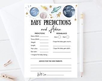 Editable Baby Predictions Baby Shower Game Advice Outer Space Planets Houston We Have a Boy Rocket Activity Corjl Template Printable 0357