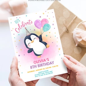 May include: A pink and blue birthday invitation with a cartoon penguin wearing a party hat and holding balloons. The text on the invitation reads "Let's Celebrate Olivia's 8th Birthday".