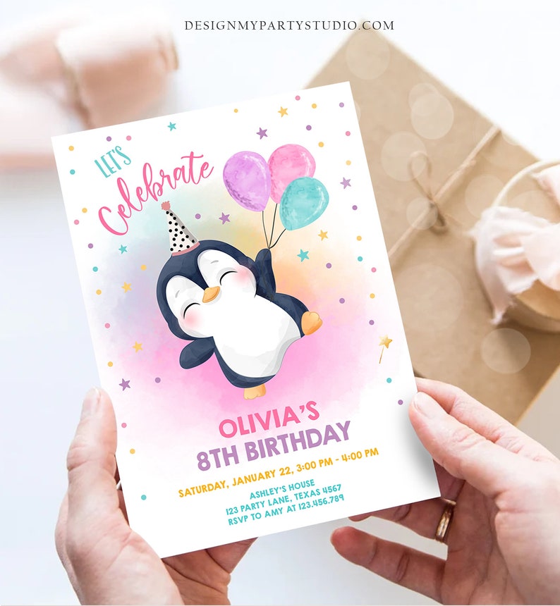 May include: A pink and blue birthday invitation with a cartoon penguin wearing a party hat and holding balloons. The text on the invitation reads "Let's Celebrate Olivia's 8th Birthday".