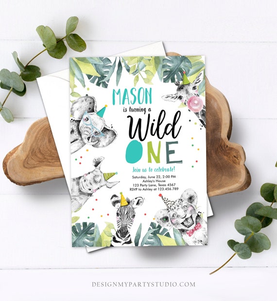 Editable Wild One Birthday Invitation Boy First Birthday Safari Animals Party Animals Born to be Wild Jungle Corjl Template Printable 0322 Il_570xn