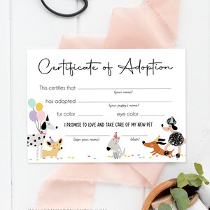 Pet Adoption Certificate Puppy Adoption Dog Birthday Party Adopt A Pet Girl Pink Vet Puppy Adoption Digital Download Printable 0429 image 2